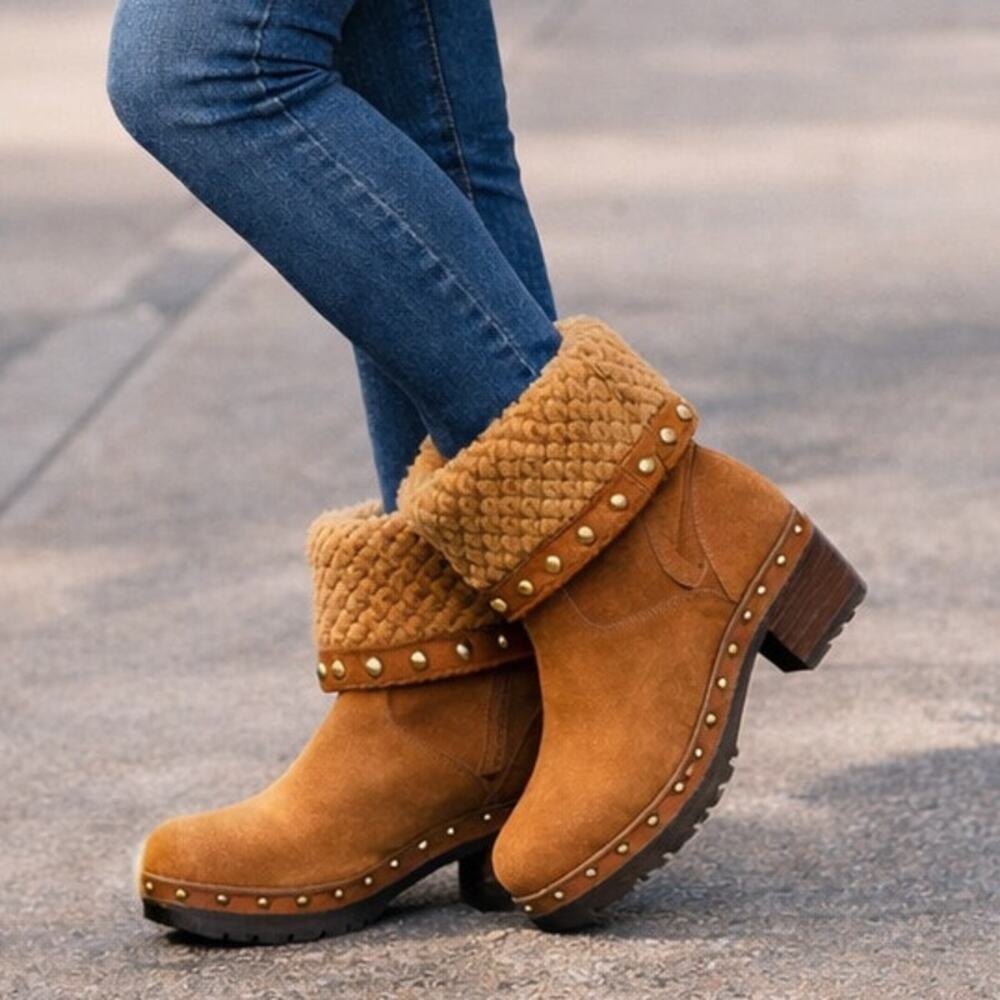 UGG Leather Weave Lynnea Studded Fold Over Clog Ankle Boots Tan Size 9